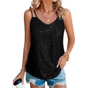 Womens Sequin Tops V Neck Tank Tops Black